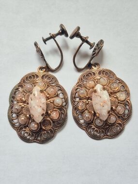 Vintage Copper Filigree Screw-Back Earrings Confetti Opal Glass Cabochons